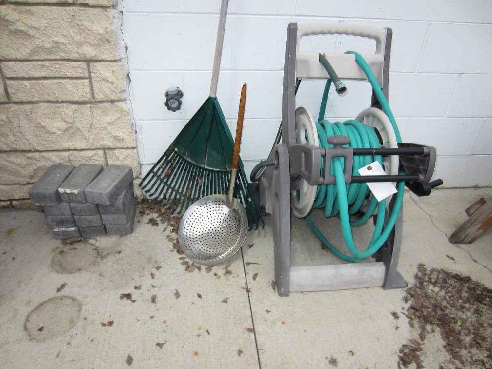 Garden Hose & Reel, Ice Scooper, Rack & Landscape Blocks