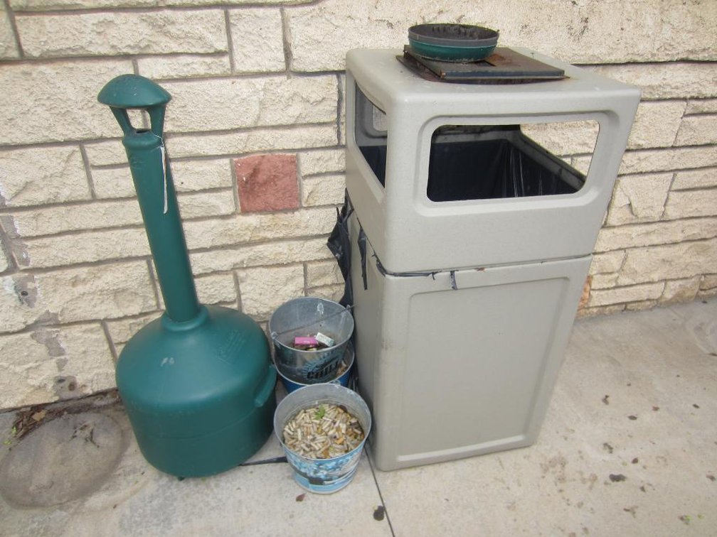 Plastic Garbage Can, Cigarette Butt Holder & Tin Buckets