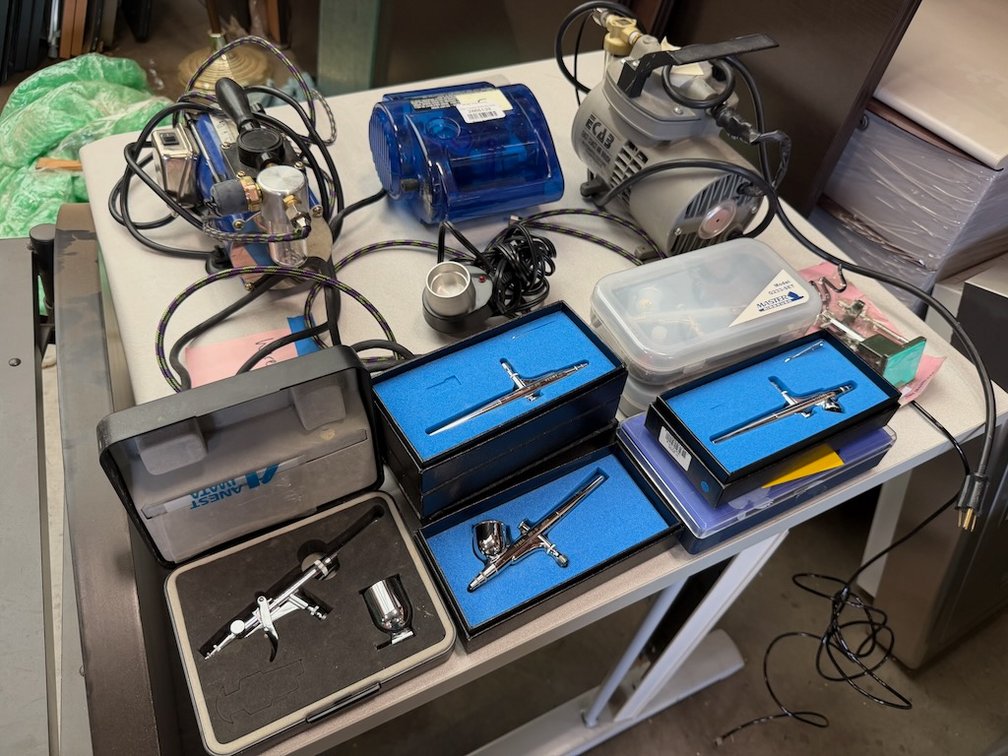 Lot of Commercial Airbrush Compressors W/ Brushes, Hoses & Accessories