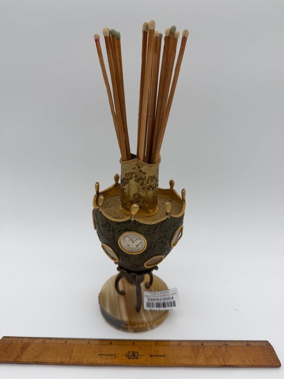 Handmade Faberge’ Style Blown Emu Egg Match Holder W/ Gold Trim, U.S. Collectible Coins &  Brass Stand
