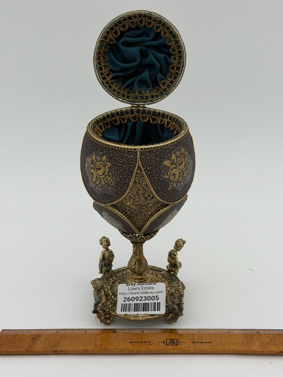 Handmade Blown Emu Egg Jewelry Box with W/ Gold Trim