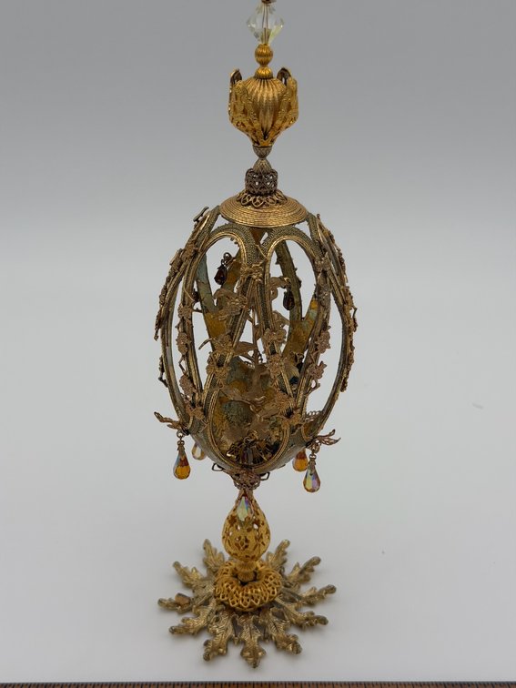 Intricately Beaded  Faberge’ Style Blown Egg W/ Gold Leaf & Crystals