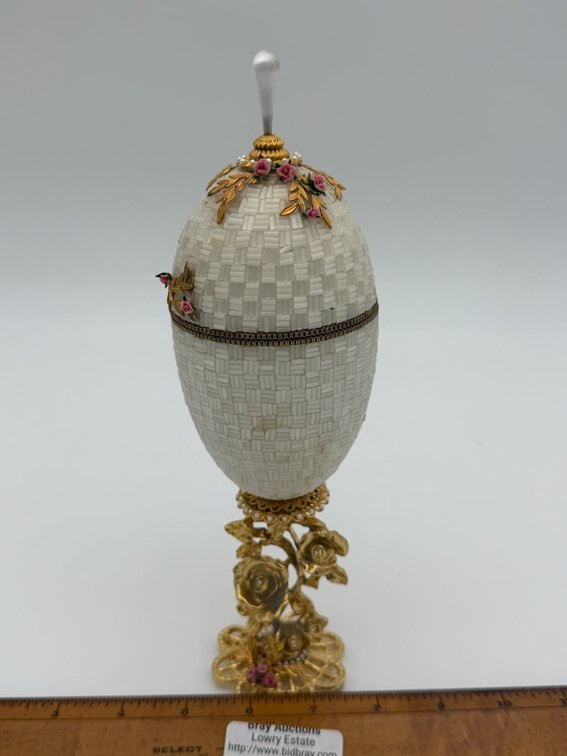 Handmade Faberge’ Style Blown Rhea Egg Jewelry Box W/ Beautiful White Beading & Floral Touches