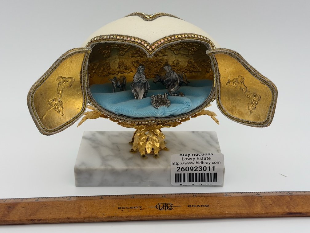 Handmade Faberge' Style Blown Rhea Egg Nativity Scene W/ Beading & Gold Leaf