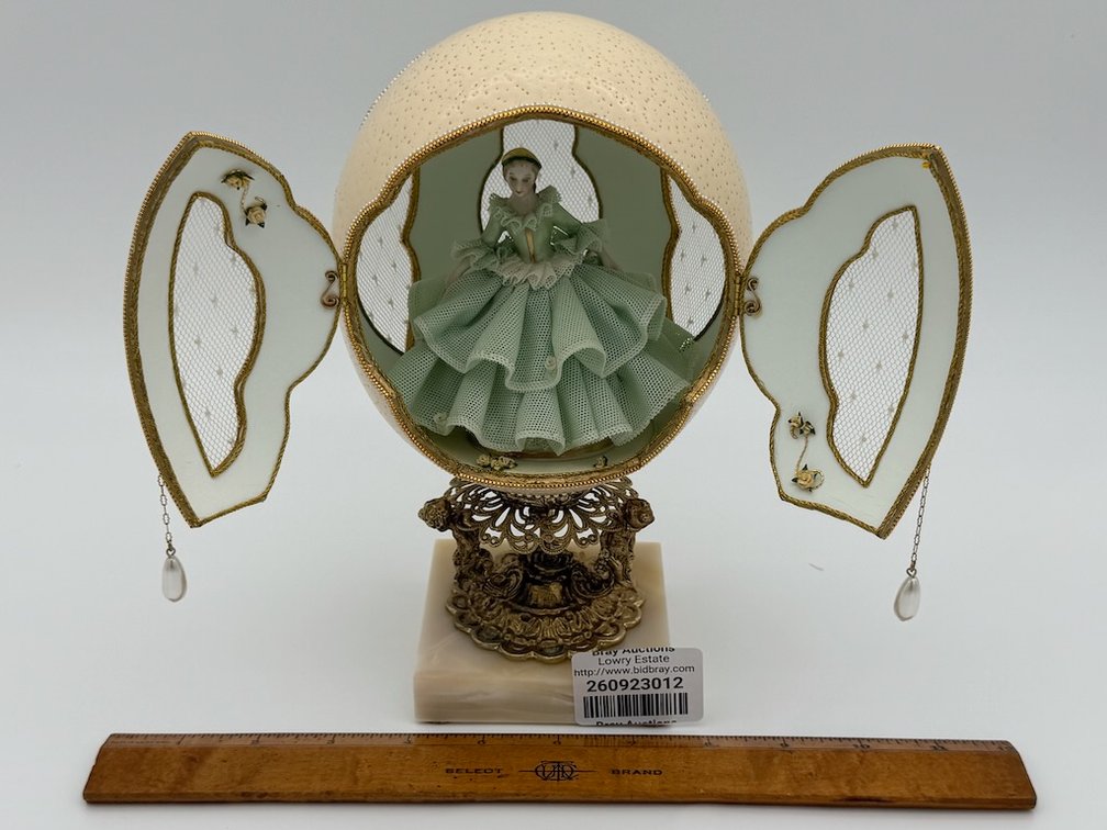 Handmade Blown Ostrich Egg W/ Beaded Lace Cutouts, Floral Touches & Surprise Figurine Inside