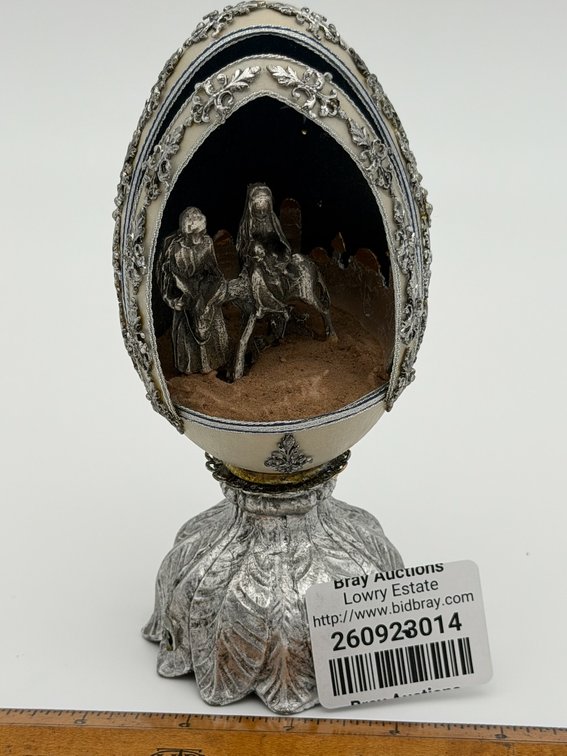 Handmade Faberge' Style “Journey To Bethlehem” Blown Egg w/ Ornate Metal Detail & Stand