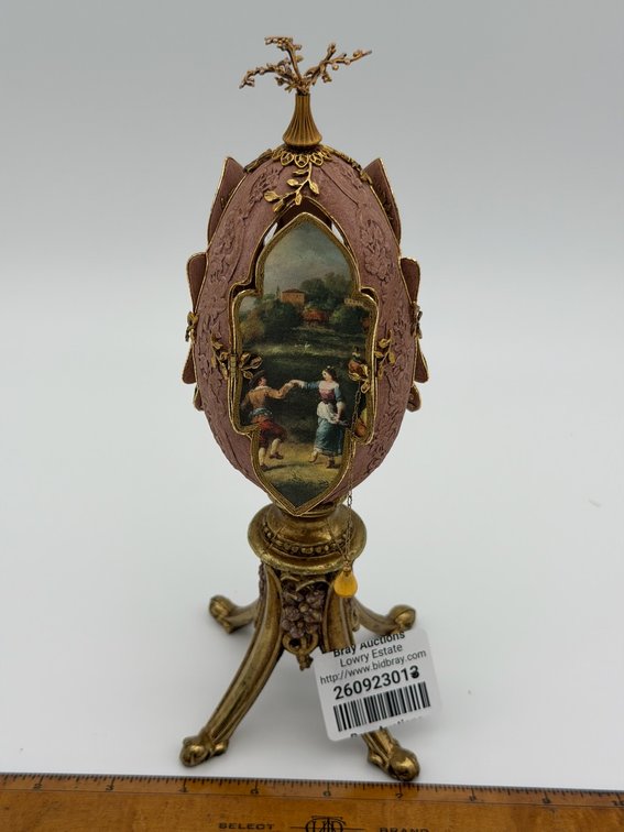 Handmade Faberge' Style Blown Egg W/ Pastoral Style Artwork Cutouts & Gold Beading