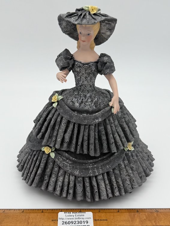 Porcelain Doll, Hand Dressed in Black Lace Draping & Fired In Kiln
