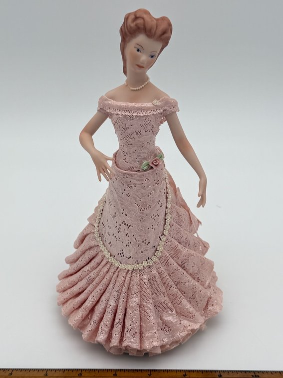 Porcelain Doll,  Hand Dressed in Pink Lace Draping & Fired In Kiln
