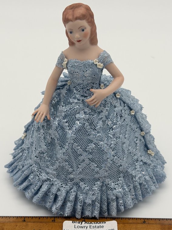 Porcelain Doll, Hand Dressed in Blue  Lace Draping & Fired In Kiln