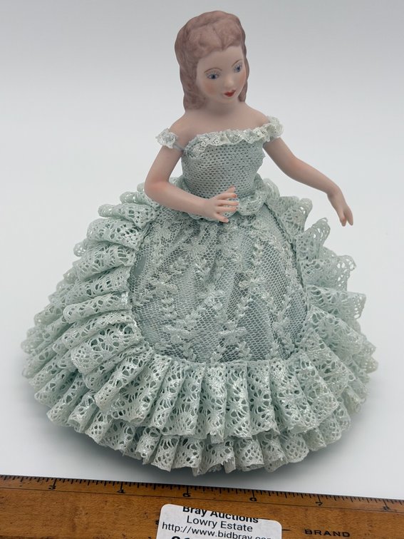 Porcelain Doll, Hand Dressed in Green Lace Draping & Fired In Kiln