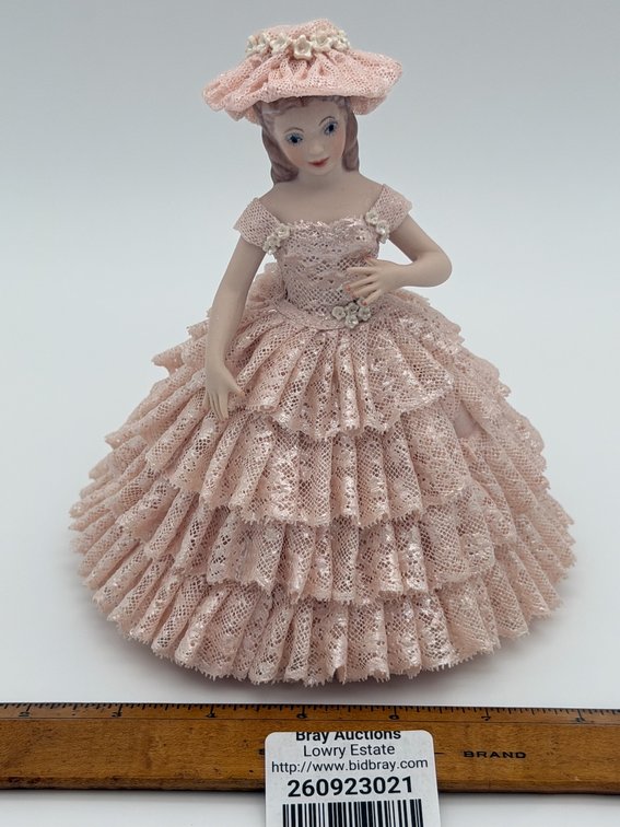 Porcelain Doll, Hand Dressed in Pink  Lace Draping & Fired In Kiln