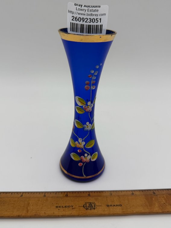 Cobalt Blue Glass Vase with Floral & Gold Accents