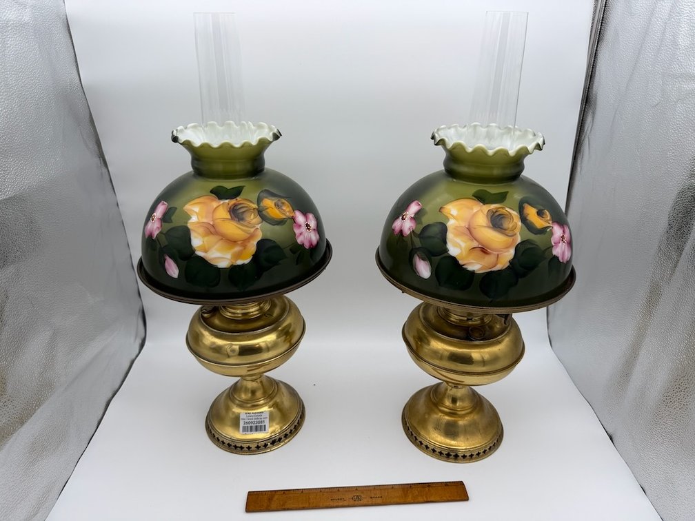 Set of Rayo Brass Hurricane Table Lamps W/ Floral Glass Shades