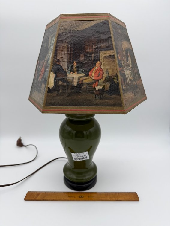 Green Table Lamp W/ Colonial Era Lamp Shade