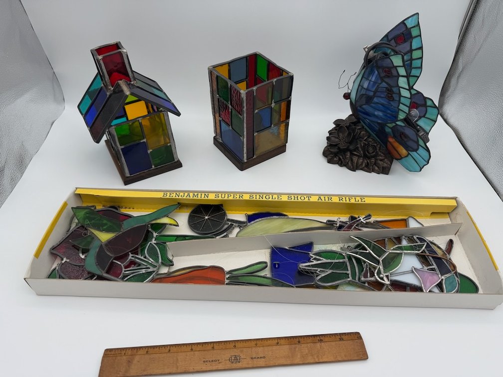 Lot of Stained Glass Items W/ Box of Stained Glass Pieces
