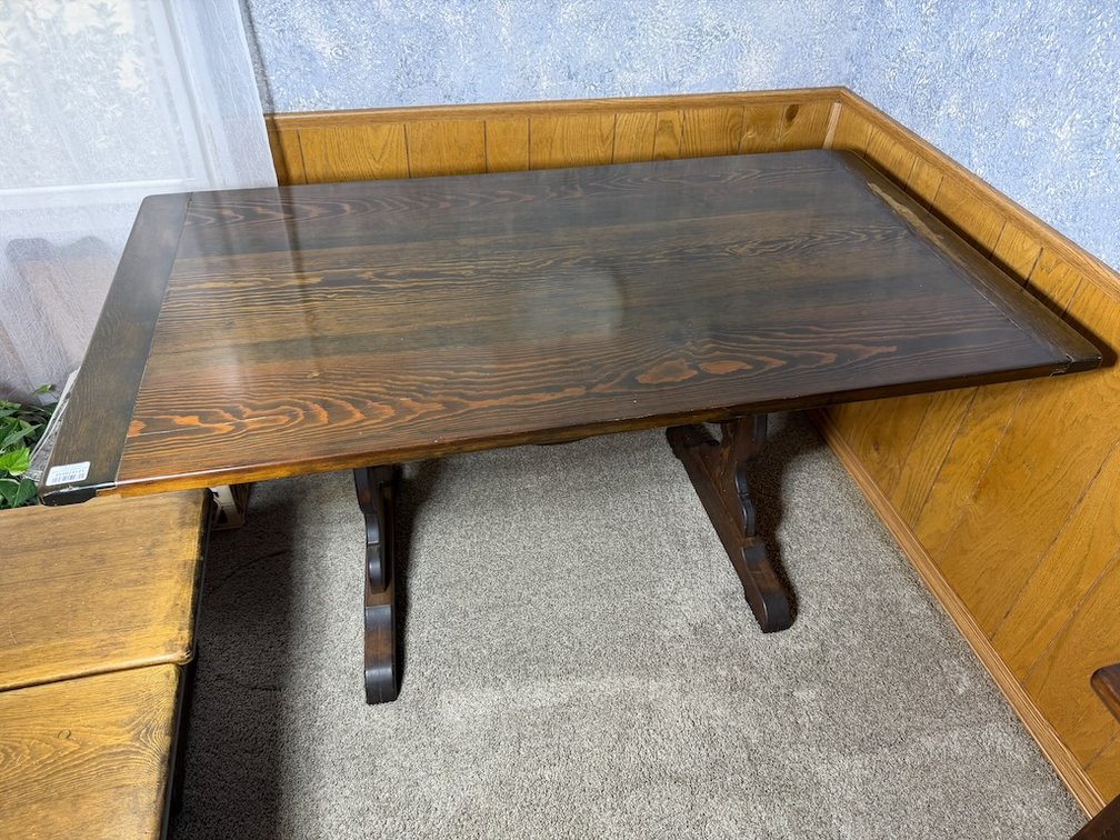 Vintage, Handmade Pine Wood Table W/ 2 Bench Seats