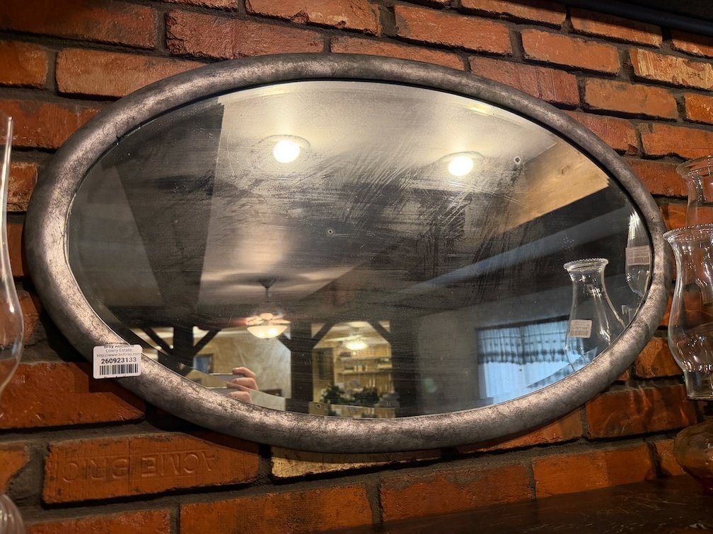 Vintage Oval Beveled & Leaded Glass Wall Mirror W/ Wood Frame