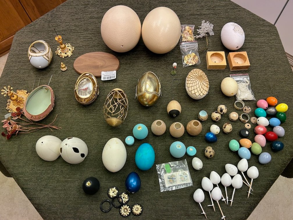 Lot of Blown Eggs in Various Stages of  Carving, Bases, & Beading