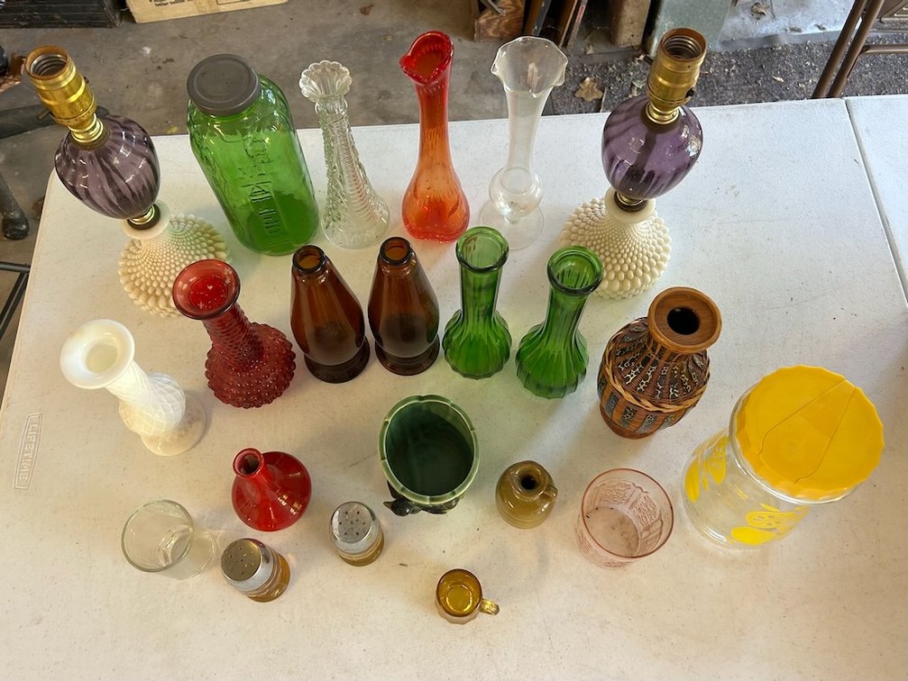 Large Lot of Glass Vases, 2 Lamps W/ Hobnail Bases (Milkglass?), etc.