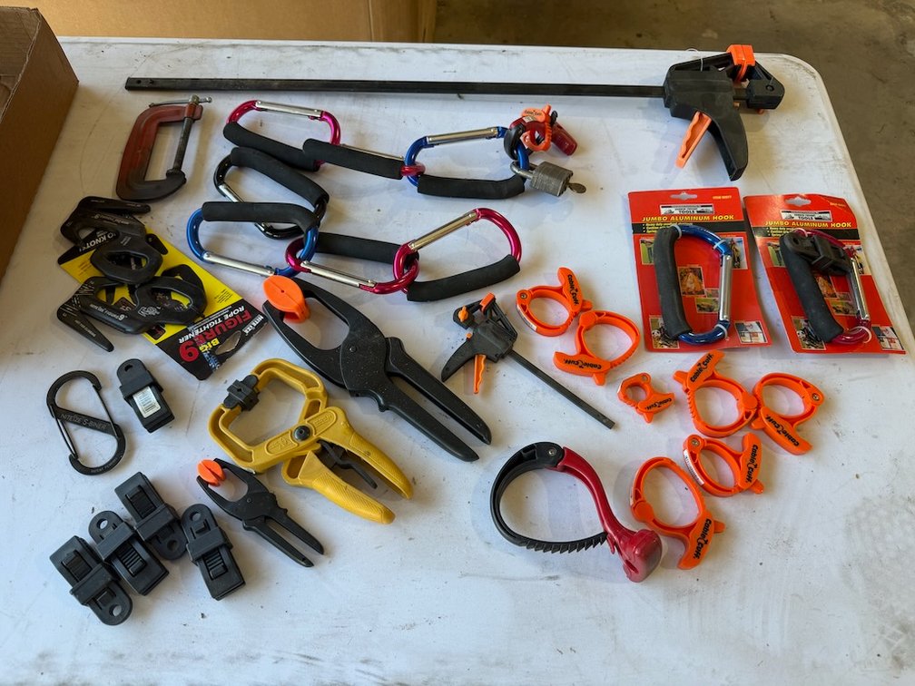 Large Lot of Cable Clamps & Cuffs, Aluminum Hooks, Etc.