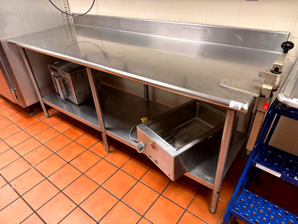 Commercial Stainless Steel Table w/ Backsplash & Lower Shelf w/ Mounted #10 Can Opener