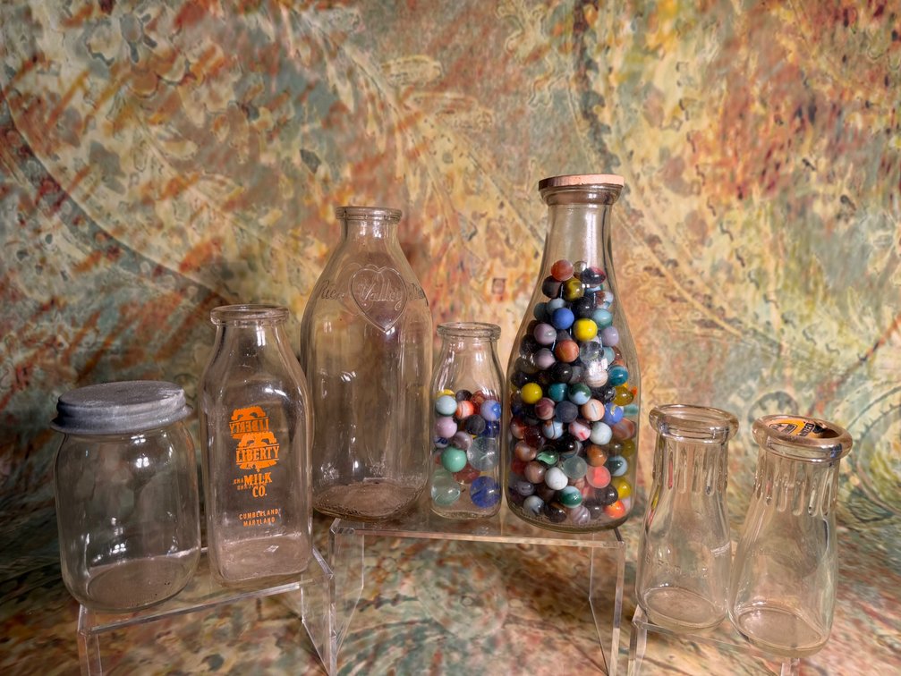 Antique Glass Milk Bottle and Glass Shaker set