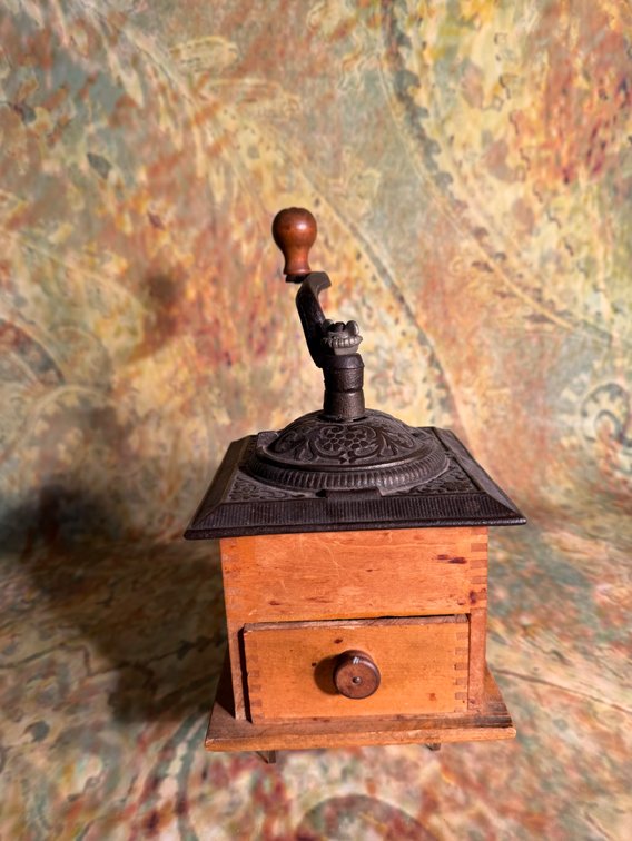 Antique Ornate Cast Iron & Wood Coffee Grinder