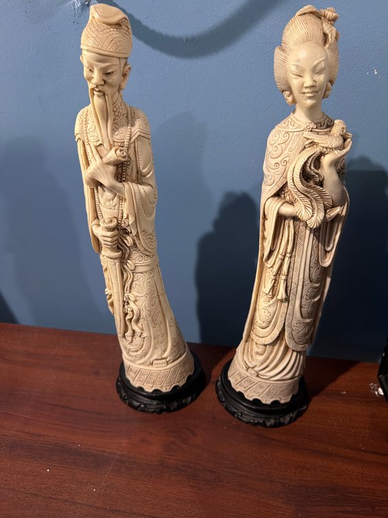 Vintage Chinese Emperor & Empress Faux Ivory Resin Statues
