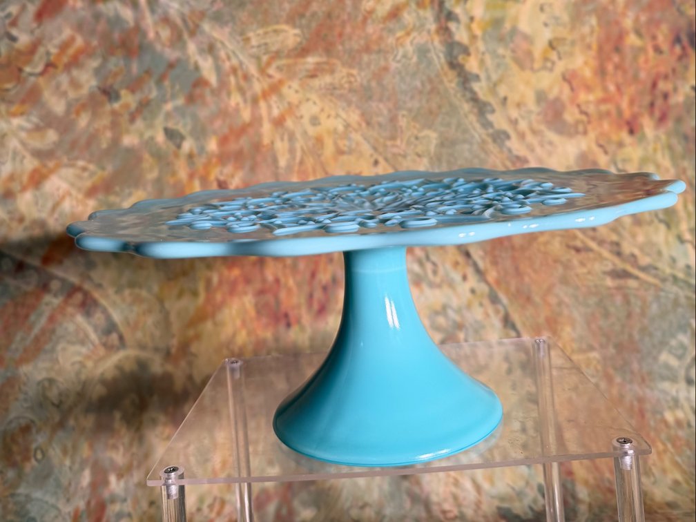 Mid Century Fenton Milk Glass Turquoise Cake Stand 1955-56 Spanish Lace Pattern