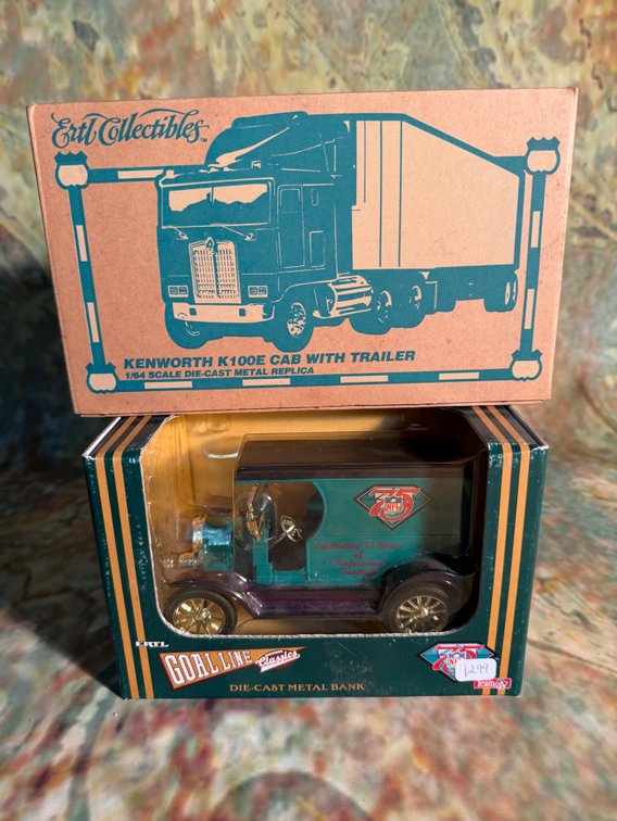 Ertl Goal line 1912 Model T Metal Van Bank 75 Years Celebrating NFL Football & Diecast Kenworth tractor trailer - both in original packaging