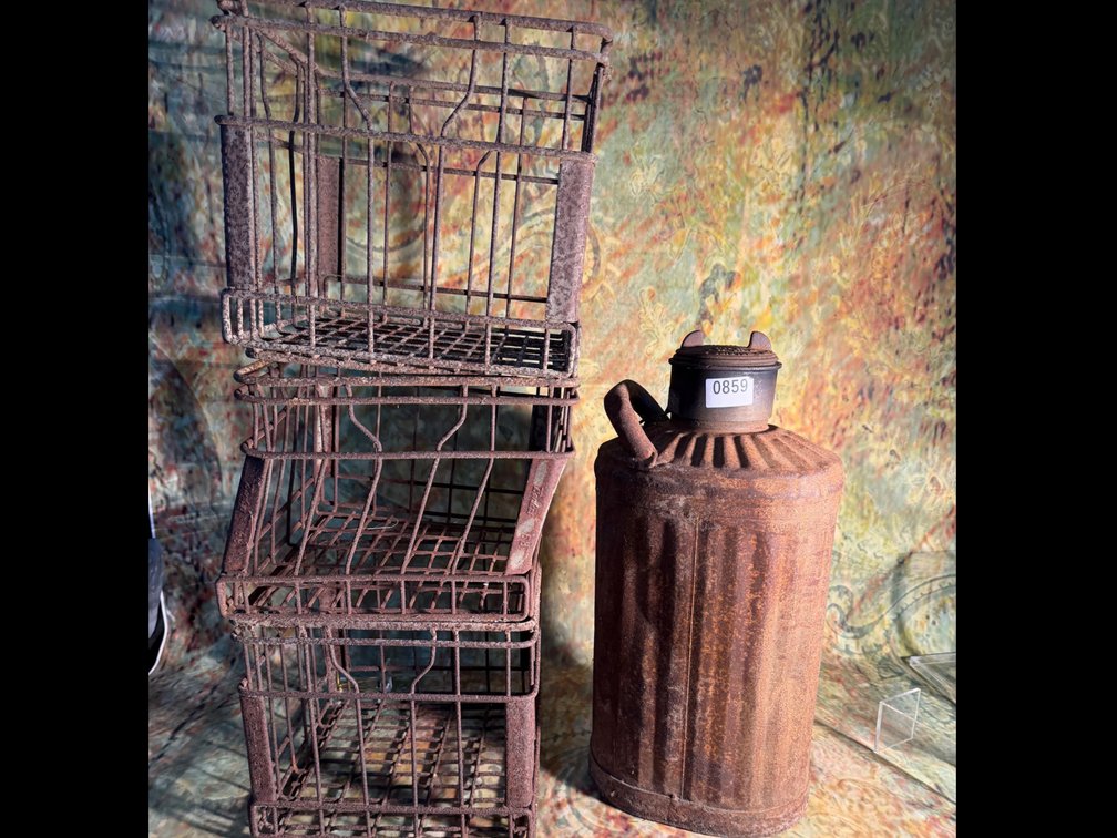 Antique metal crates and milk jug - natural patina