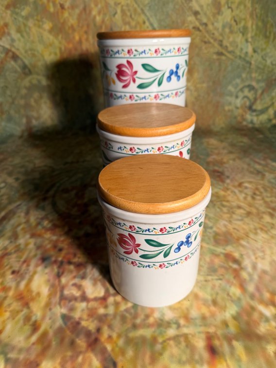Vintage 3pc wooden lid ceramic canisters