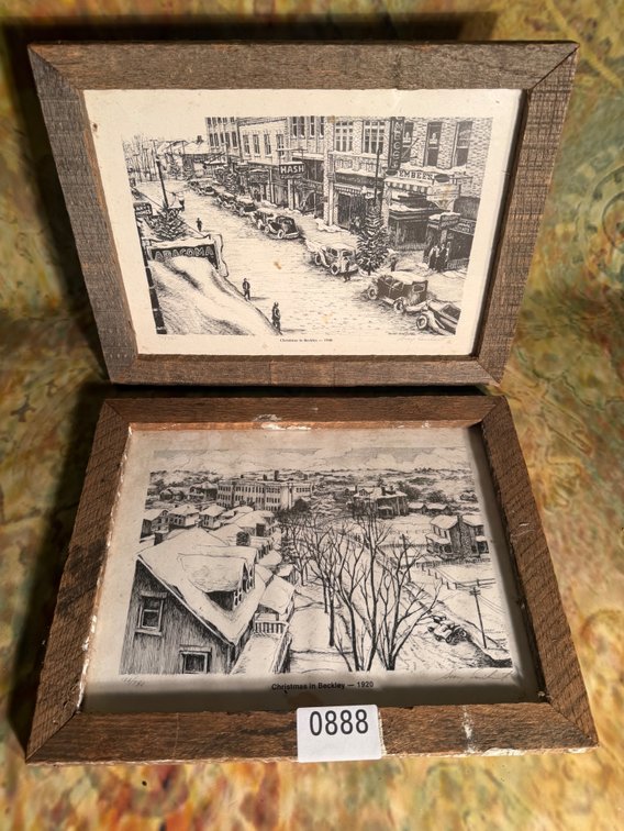 Vintage “christmas in beckley” 1920’s & 1940’s art scenes with wormy chesnut frames