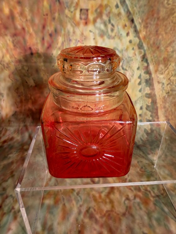 VINTAGE JEANNETTE GLASS AMBERINA 2185 PENNY CANDY JAR