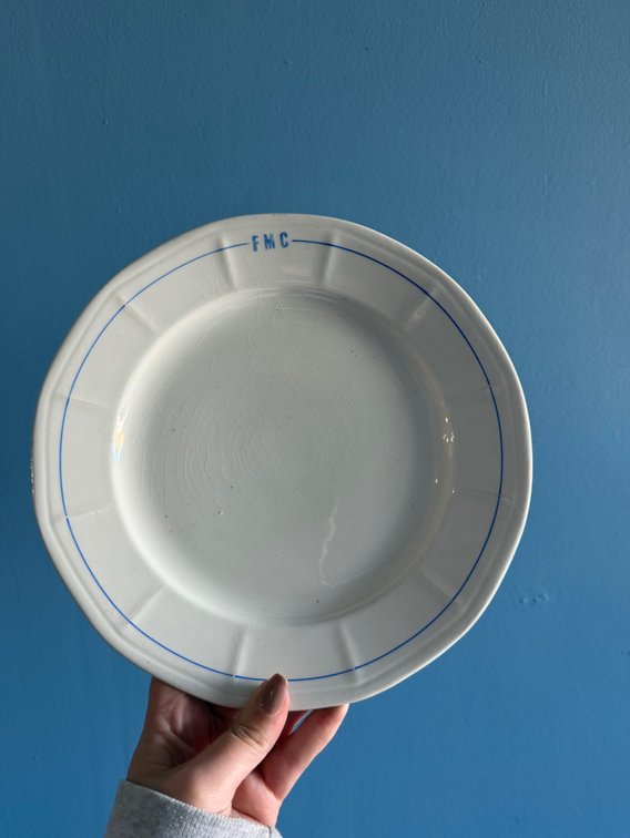 Vintage FMC Blue Stripe Restaurant or Institutional China Plate - Huntington, West Virginia Backstamp