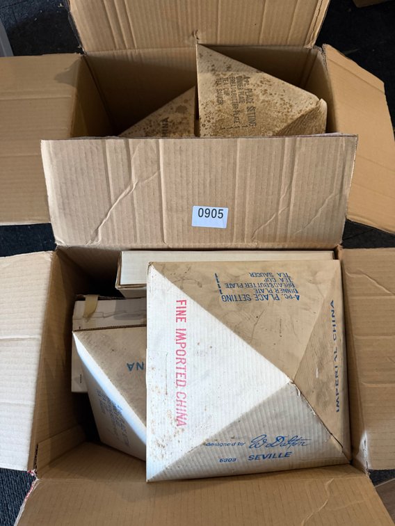 Two boxes full of Vintage Imperial China 5303 Seville 4 Piece Place Setting, W. Dalton, Made in Japan