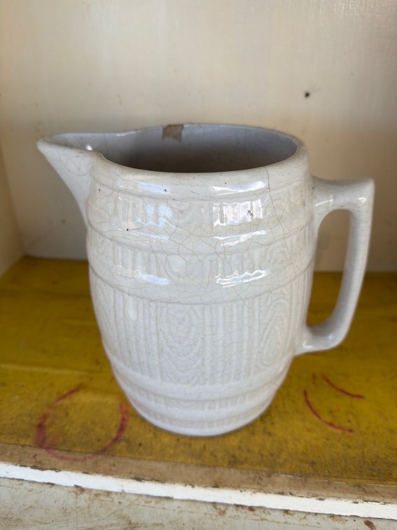 Vintage McCoy Barrel Stoneware Pitcher Banded Farmhouse Water Pitcher