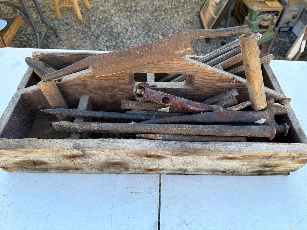 Antique Wooden Tool Crate with Assorted Vintage Hand Tools, Files - etc.