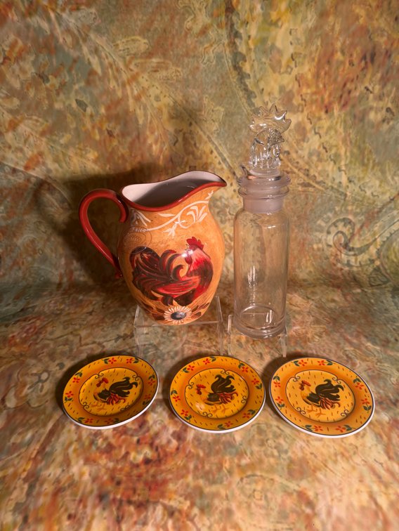 Orange Rooster Maxcera Pitcher & Plates & Glass Crystal Rooster Decanter