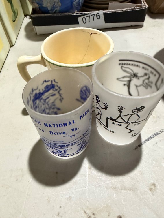 Vintage shot glass set - back mug has slight crack inside
