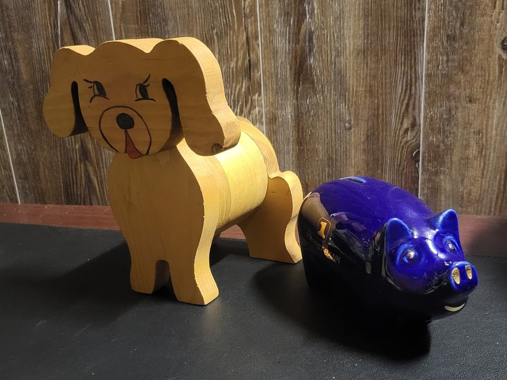 Coin Bank,Handmade Solid Wood Puppy Dog & Cobalt Blue Ceramic Seafirst Bank Pig