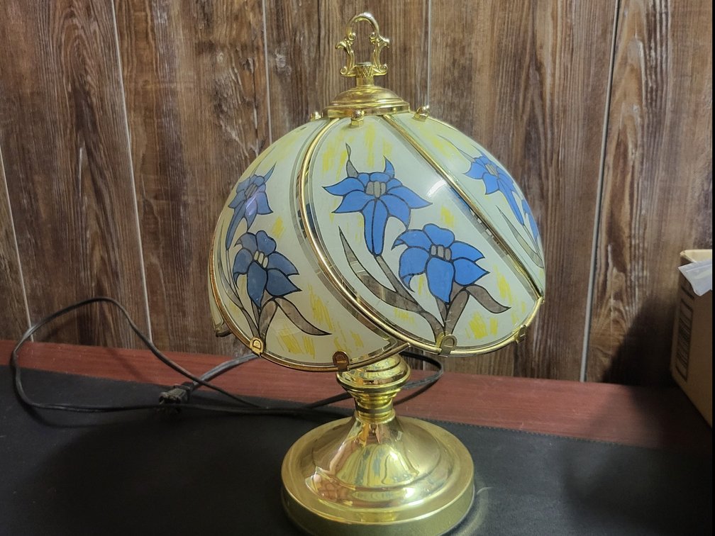 1990s Touch Lamp | Blue Iris Floral Glass Shade
