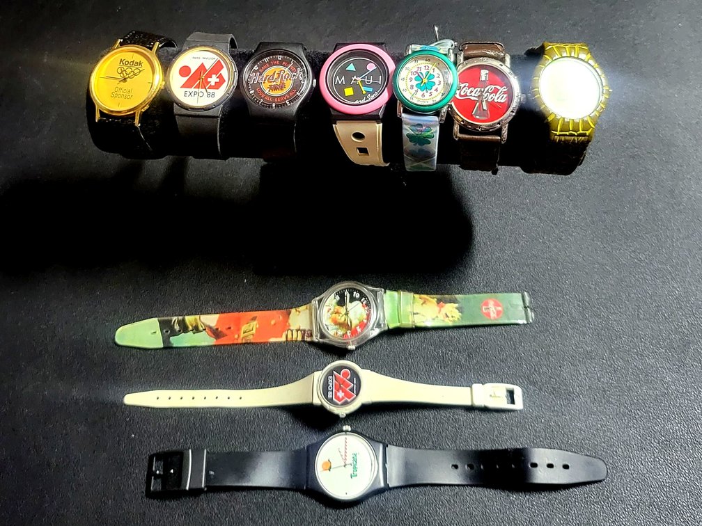 1980s-2000s Pop Culture & Advertising Watch,Swatch, Coca-Cola, Kodak, Jurassic Park, Hard Rock Cafe (10-Piece Collector's Lot)
