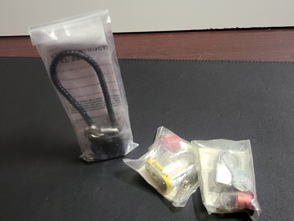 Keyed Security Locks,1 Firearm Cable Lock & 2 Guard Solid Brass Padlocks (New in Bags)