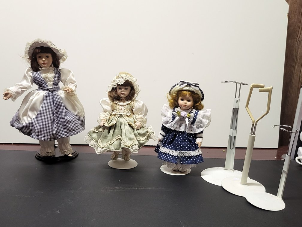 Porcelain Collectible Doll Lot of 3,Victorian / Storybook Style with Display Stands