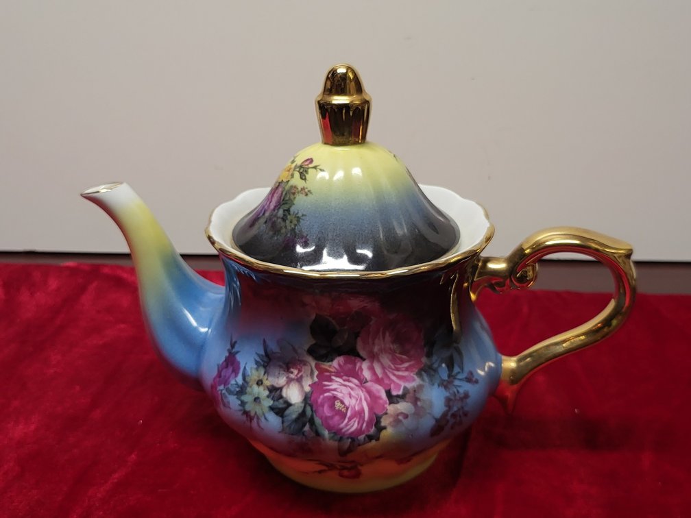Porcelain Floral Teapot with Heavy Gold Gilding & Vibrant Rose Motif
