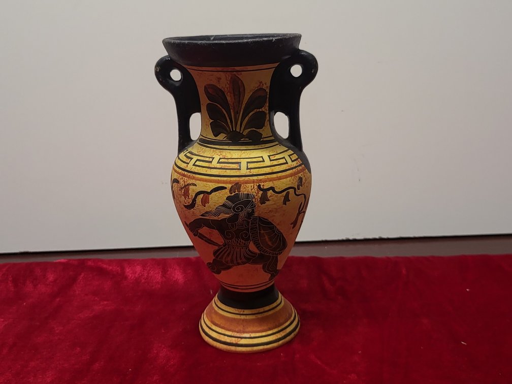 Modern Greek Amphora Vase ,Black Figure Warrior Motif, Handmade in Greece (10")