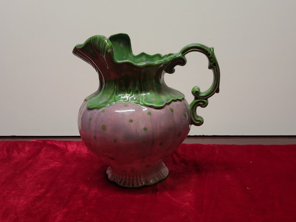 1975 Arnel's Ceramic Pitcher,Pink & Green Polka Dot Majolica Style Ewe
