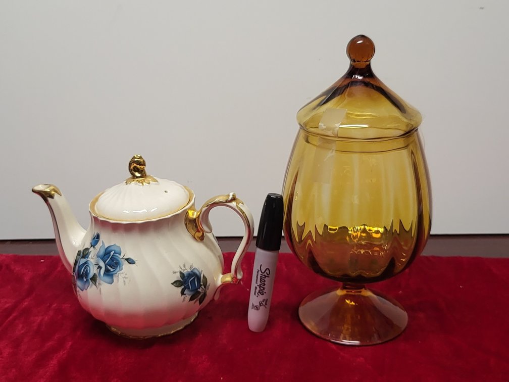 Mid-Century,Sadler England Blue Rose Teapot & MCM Amber Glass Lidded Candy Jar